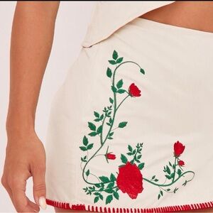 Ego Official Cream Mini Skirt with Red Rose Embroidery